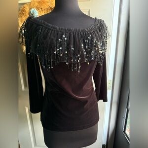 Vintage Y2K Cachet black velvet off-the-shoulder sequin fringe top, size medium